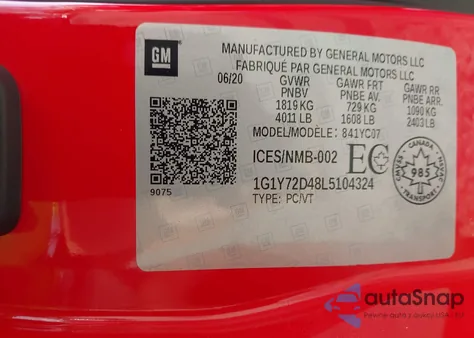 2020 Chevrolet Corvette Stingray Rwd 2Lt z USA, uszkodzony, nr VIN 1G1Y72D48L5104324